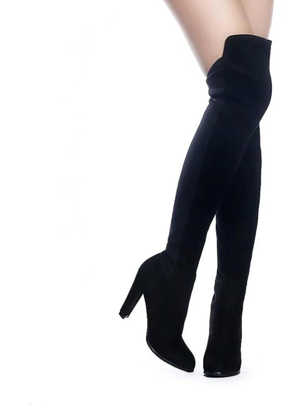 Women's Black Faux Suede Chunky Heel Stretch Over The Knee Thigh High Boots